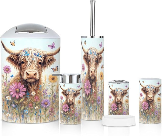 6 Piece Bathroom Accessories Set Highland Cow Rustic Farmhouse Animal Nature Flower Landscape Abstract Trash can Toilet Brush Holder Toothbrush Holder Toothbrush Cup Soap Dispenser Soap Dish Boho