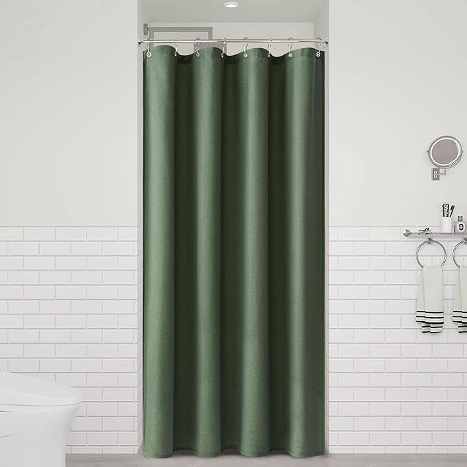 Naturoom 48 Inch Shower Curtain - Stall Narrow Half Green Linen Ultra Thick Fabric Shower Curtain Set with Hooks, Boho Farmhouse Rustic RV Camper Bath Curtains for Bathroom, Olive Green, 48x72