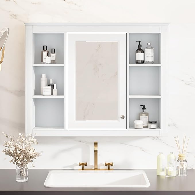Merax Bathroom Medicine Cabinet with Mirror, 35" x 27.5" Wall Mounted Medicine Cabinet with Single Door and Shelves, Over The Toilet Mirrored Bathroom Storage Wall Cabinet
