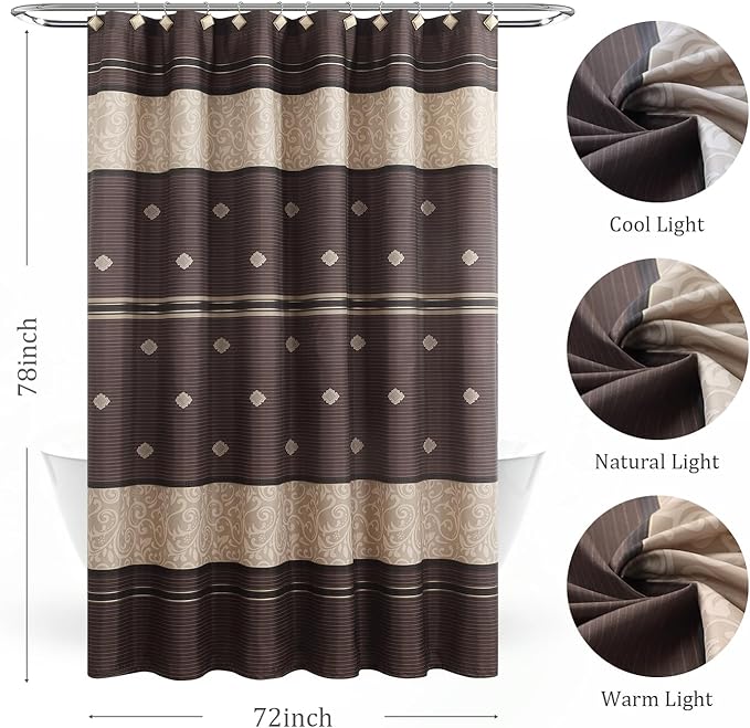 Long Fabric Shower Curtain, Brown and Beige Gold Print Pattern, Waterproof Bathroom Curtain, 72" W x 78" H