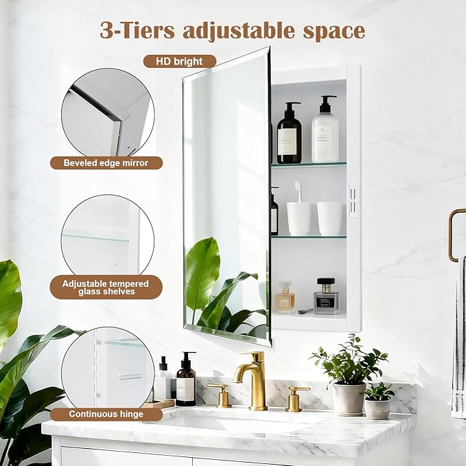 16x20'' Bathroom Medicine Cabinet Mirror with Storage, Surface Mount or Recessed Medicine Cabinet with 3-Tiered Adjustable Tempered Glass Shelves