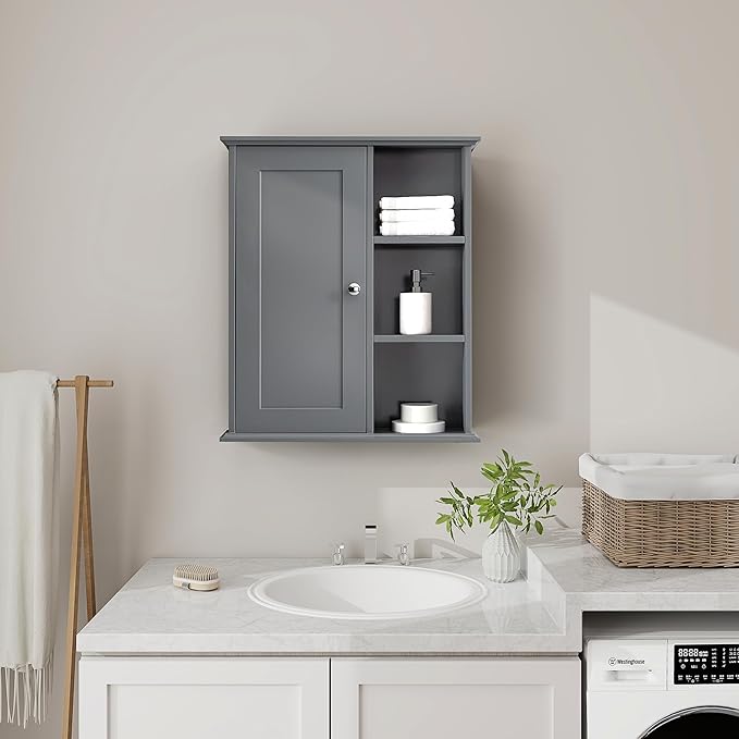 The Wide Usage Wall Medicine Cabinet with Storage Shelves & Anti-Dust Door for Bathroom, Living Room, Kitchen, Entryway,Bedroom (Gray)