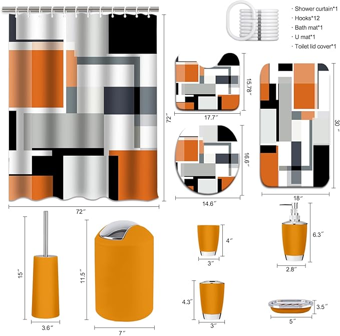 Lnond Orange Bathroom Set, 23-Piece Orange Black Geometric Bathroom Decor Set with with Shower Curtain and Rugs, Trash Can, Toilet Brush Holder Set & Soap Dispenser