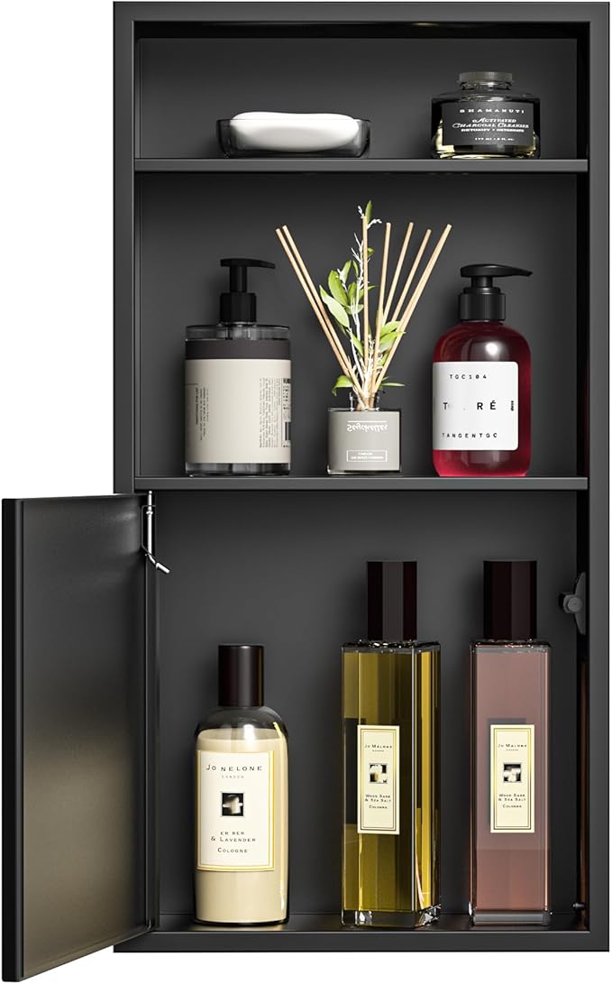 Recessed Medicine Cabinet with Door 24" X 12" Matte Black Wall Medicine Cabinets with 3-Tier Shelf 304 Stainless Steel Niche Shower for Bathroom Storage
