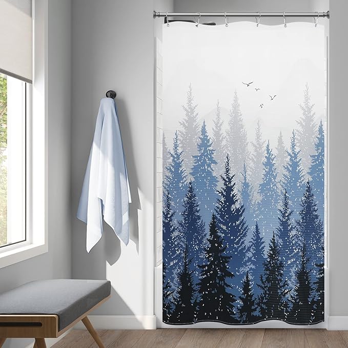 Hokibero Stall 36 x 72 Inches Tree RV Shower Curtains for Bathroom Mountain Blue Fabric Waterproof Half Size Shower Curtain 36 inch Wide