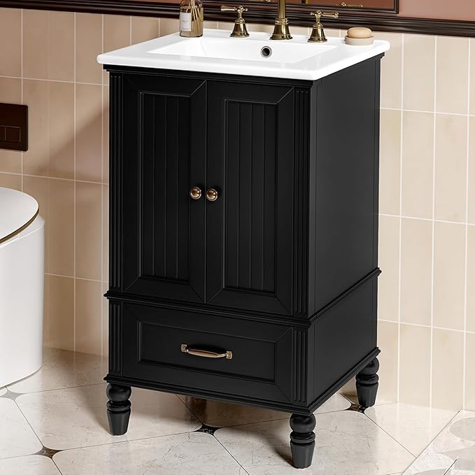 Virubi 20" Small Bathroom Vanity with Sink,Doors and Drawer,Wood Mid-Century Modern Bathroom Sink Cabinets with Adiustable Foot Pads,for Small Space,Freestanding (Black)