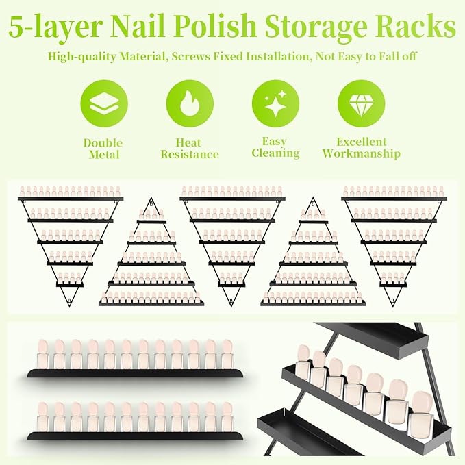 10PCS Metal Wall-mounted Nail Polish Storage Racks, 5 Tiers Black Triangular Display Rack, Cosmetic Display Cases Lipstick Perfume Wall Shelf, Essential Oil Organizers, for Home Spa Nail Salon Shop