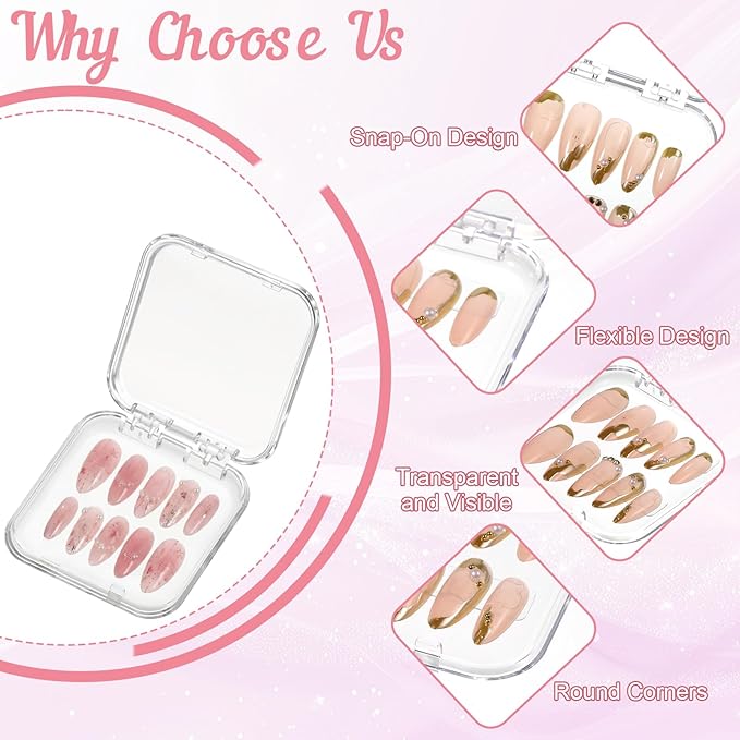 SHENLIU 50 Sets Press On Nail Storage Box, Clear Artificial Nail Display Case Acrylic Nail Boxes Press On Nail Packaging Box with Adhesive Double Sided Tape Nail Boxes for Nail Salon