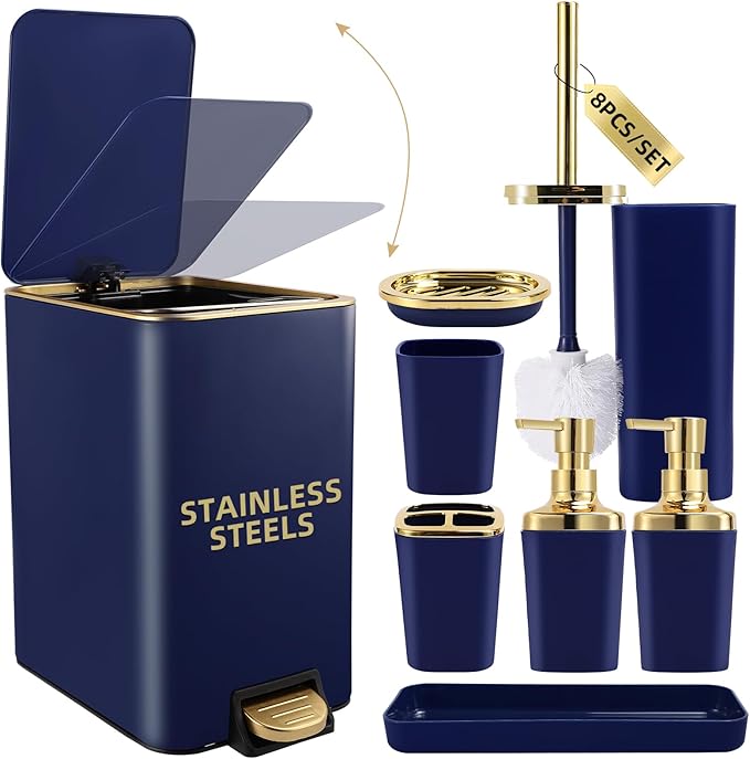 XLHOMO Navy Blue Bathroom Accessories Set 8 Piece Navy Blue and Gold Bathroom Set, Bathroom Sets with Stainless Steel Trash Can,Toilet Brush,Toothbrush Set,Soap Dispenser