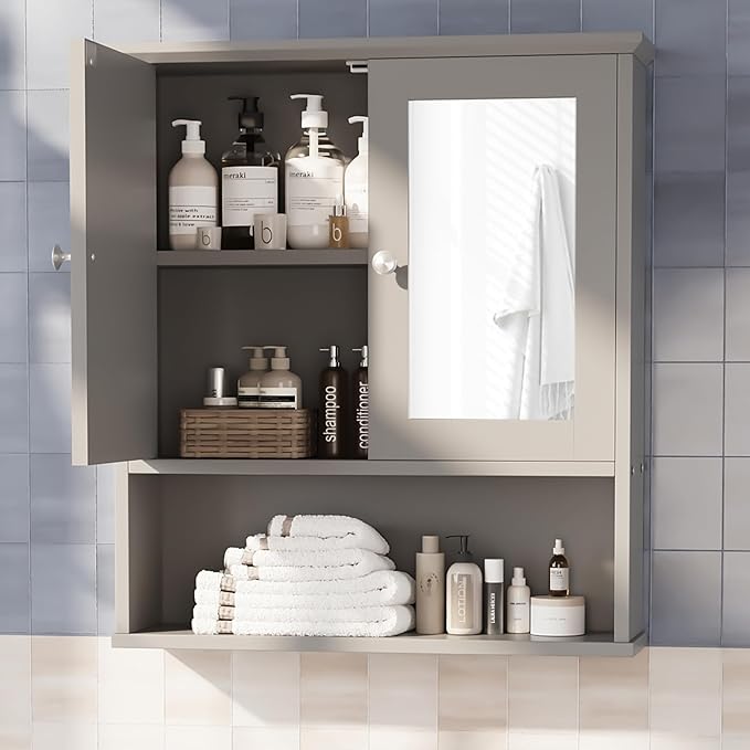 Meilocar Bathroom Wall Cabinet with Mirror, Bathroom Mirror Cabinet Wall Mounted, Over Toilet Medicine Cabinets with Adjustable Shelf, Large Capacity, Grey