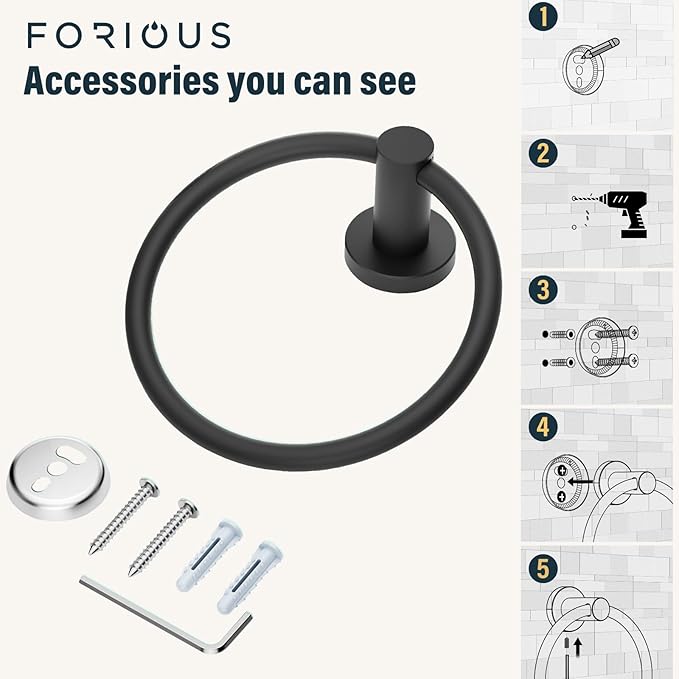 FORIOUS Towel Ring, SUS304 Stainless Steel Modern Hand Towel Holder Rack Hanger Round for Bathroom Wall Mounted, Ideal for Bath, Kitchen, RV (2 Pack, Matte Black)
