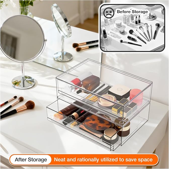 Clear Stackable Storage Drawers,2 Pack Plastic Organizers Bins for Makeup Organizer,Bathroom Makeup Organizer for Palettes,Cosmetic, and Beauty Supplies,Ideal for Vanity, Cabinet,Desk Organization