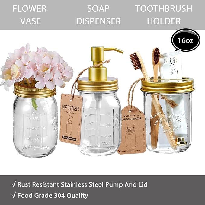 SheeChung 8PCS Mason Jar Bathroom Accessories Set Complete - Soap Dispenser, Toothbrush Holder, 2pcs Qtip Holders, Flower Vase, Soap Holder, Vanity Tray, Toilet Paper Storage, Bathroom Decor - Gold