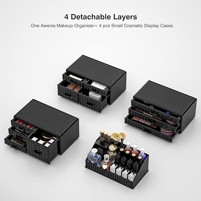 Awenia 4 Pack Stackable Makeup Organizer[Upgraded],Acrylic Cosmetics Storage Cases with 11 Drawers Perfume Organizers For Brush Holder or Jewelry Display,Plus Size(Black)
