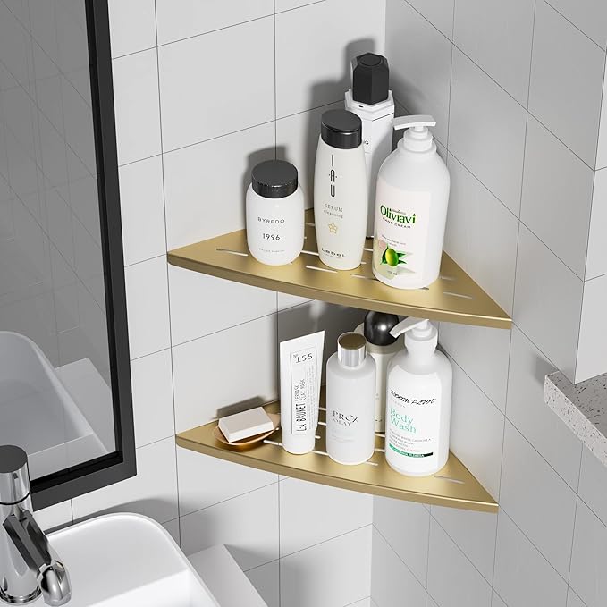 Qeke Corner Shower Shelf Brushed Golden, 304 Stainless Steel 11.5” Recessed Corner Shelf Bathroom for Tiled Wall, Floating Shower Shelves Shampoo Holder, No Drilling, 2 Pack