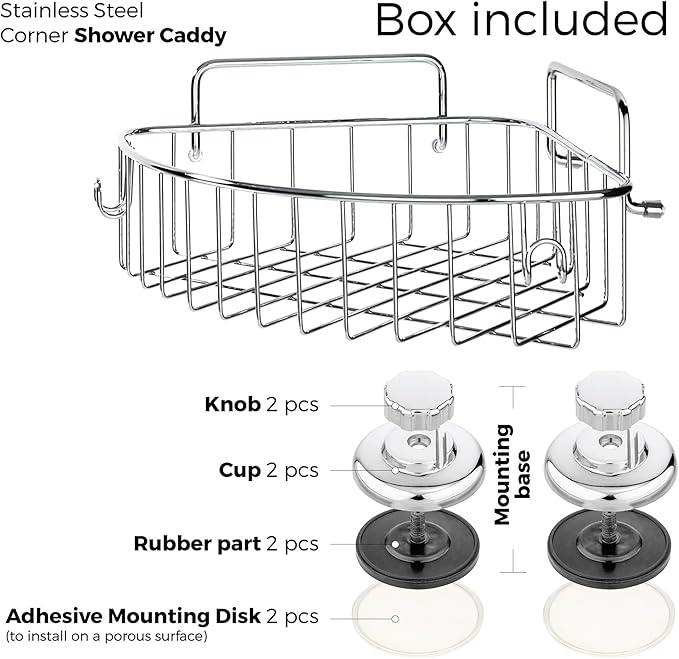 HASKO accessories Corner Shower Caddy with Suction Cups and 3M Adhesive Mounting Discs for porous surfaces - Stainless Steel Basket for Bathroom Storage (Chrome)