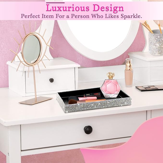 TISHAA Bling Decorative Tray Holder – Makeup Cosmetic Jewelry Ring Key Display Dish Plate Storage Organizer Crystal Rhinestone Glitter Vanity Bathroom Bedroom Home Decor (White)