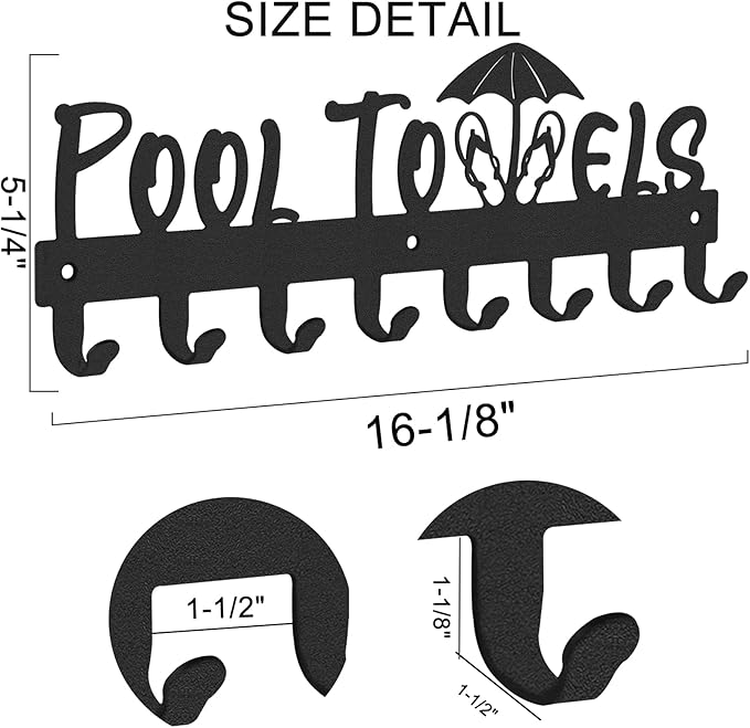 IBosins Pool Towel Rack with 8 Hooks, Towel Holder Wall Mounted for Outdoor or Bathroom, Towel Hanger for Hanging Bathrobes, Towels, Clothes - Perfect Pool Area Outside Sign and Decor (Black)