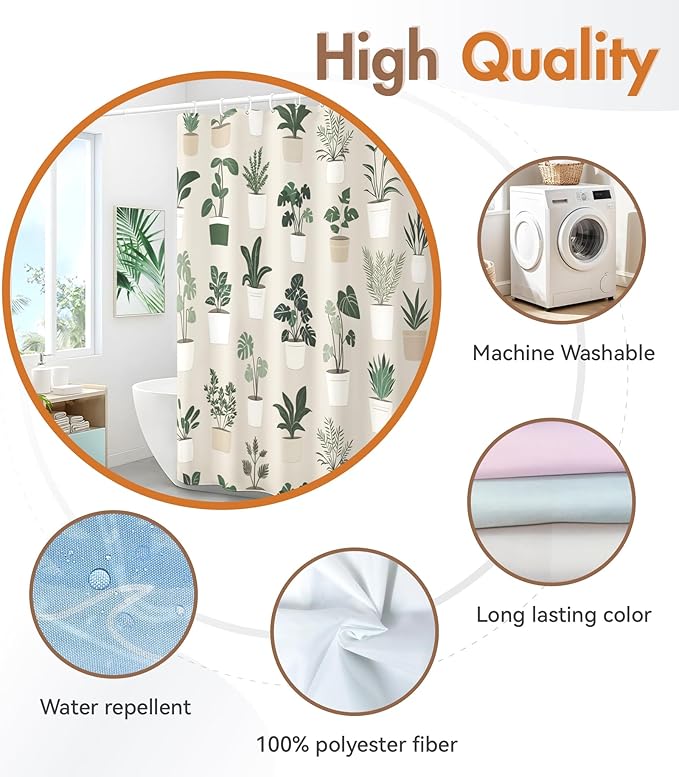 MAMUSE Shower Curtain for Bathroom - Cute Aesthetic Decorative Modern Girly Unique Girls Design Pretty Women Waterproof Fabric Cloth Cortinas de Baño Bathtub 72 x 72 Inch, Plants