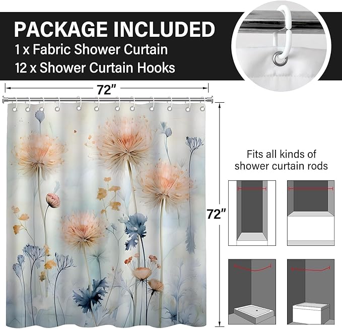 Watercolor Floral Shower Curtains with Dandelion Decor,Botanical Wildflower Shower Curtain 72x72 Inch,Light Blue and Pink Flower Waterproof Polyester Bath Accessories for Home and Apartment