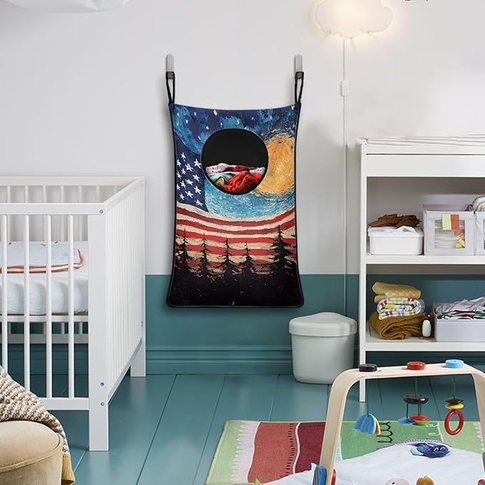 ZOUTAIRONG American Flag Hanging Hamper Over The Door Laundry Bags Zipper Large Capacity Storage Organizers Laundry Baskets for Closet, Bedroom, Dorm, Moon Print