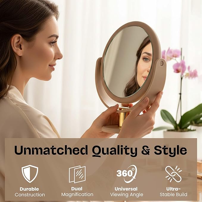 Danielle Creations Round Soft Touch Vanity Mirror – Taupe, 7.48 x 3.94 x 9.06 in, 1x/10x Magnification, Adjustable Stand, Makeup Mirror for Face, Beauty, Travel & Desk Use