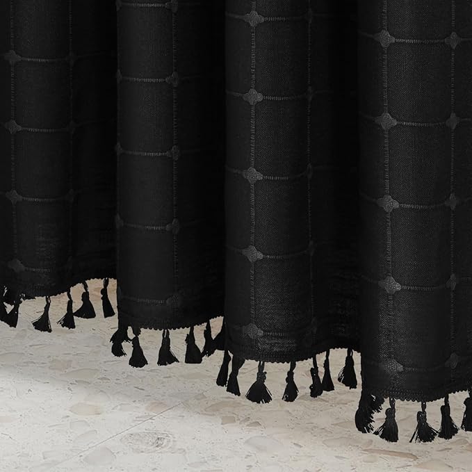 MitoVilla 72 x 84 Black Boho Extra Long Shower Curtain, Modern Farmhouse 84 inch XL Polyester Linen Texture Tassel Fabric Shower Curtain for Cottagecore Country Bathroom Decor