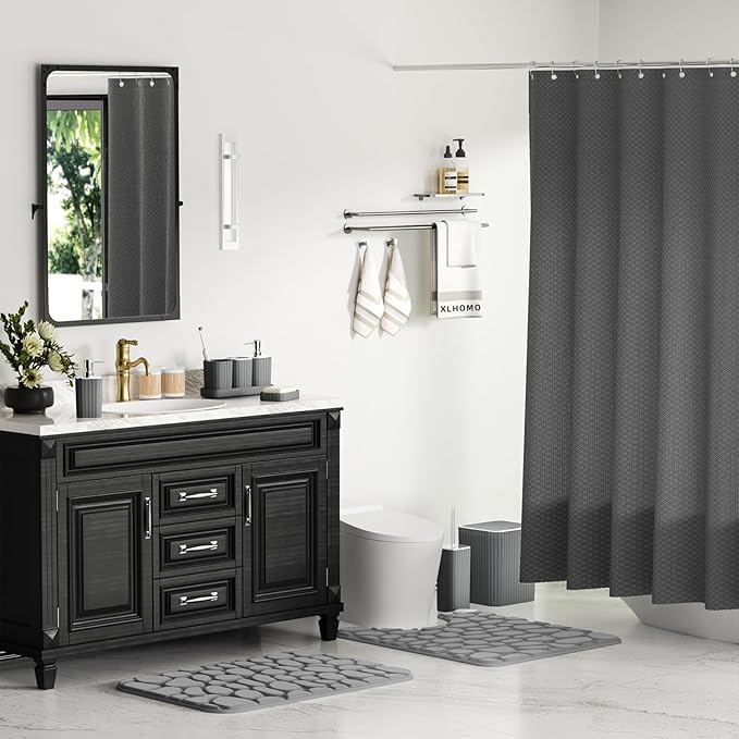 XLHOMO Bathroom Accessories Set- 25PC Grey Bathroom Set, Bathroom Set with Shower Curtain and Rugs, Shower Curtain Set, Toilet Brush, Trash Can, Qtip Holder Dispenser & Soap Dispenser
