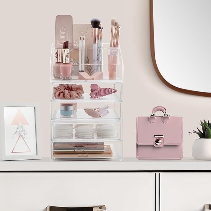 STORi Chloe Stackable Clear Makeup Holder and 4 Drawer Bundle | Organize Cosmetics and Beauty Supplies | Made in USA