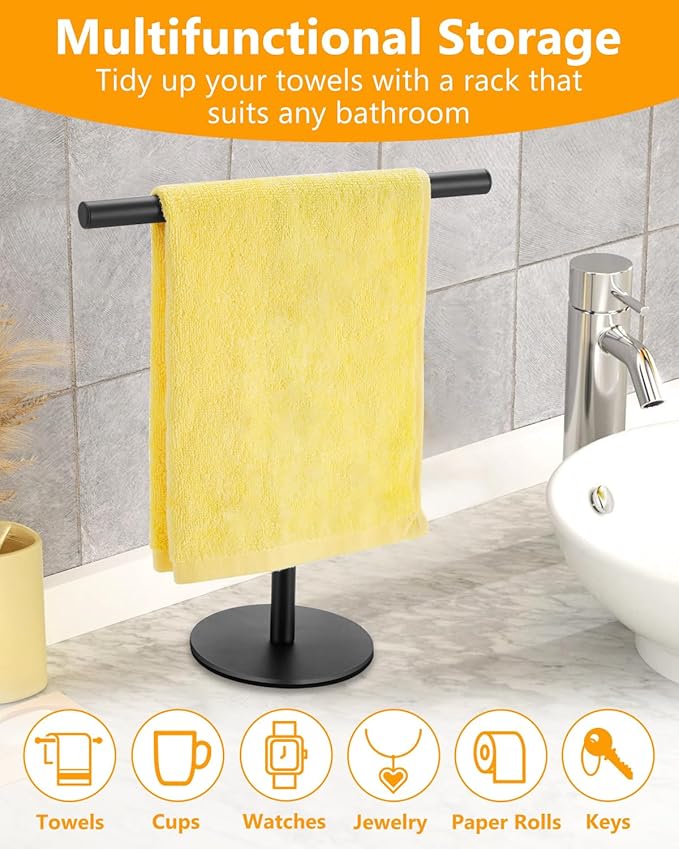 Hand Towel Holder, Bathroom Towel Racks, Countertop Towel Stand, T-Shape Towel Holder for Kitchen, Matte Black Standing Towel Bar