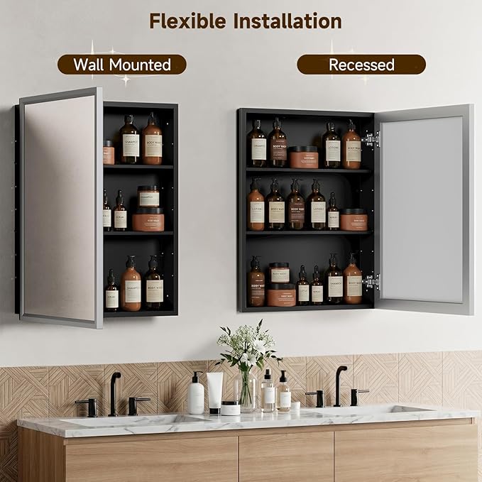 24" x 30” Silver Medicine Cabinets for Bathroom with Mirror, Aluminum Alloy Framed Mirror＆Tempered Glass Design, Recessed or Surface Wall-Mounted Metal Bathroom Vanity Mirror with Storage Cabinet