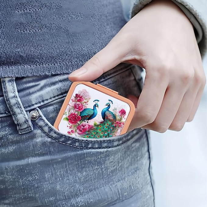 Vintage Compact Mirror Small Peacock Travel Makeup Mirror 2X 1X Magnification Double Sided Folding Square Mirror for Women Girl Metal Cosmetic Pocket Mirror for Purse Handbag