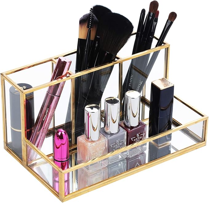 Makeup Brush Holder, Handcrafted Clear Glass Cosmetic Brushes Organizer Nordic Style Elegant Pen Pencil Holder Decoration Make up Brushes Holder with 4 Compartment for Vanity Bathroom Bedroom Office