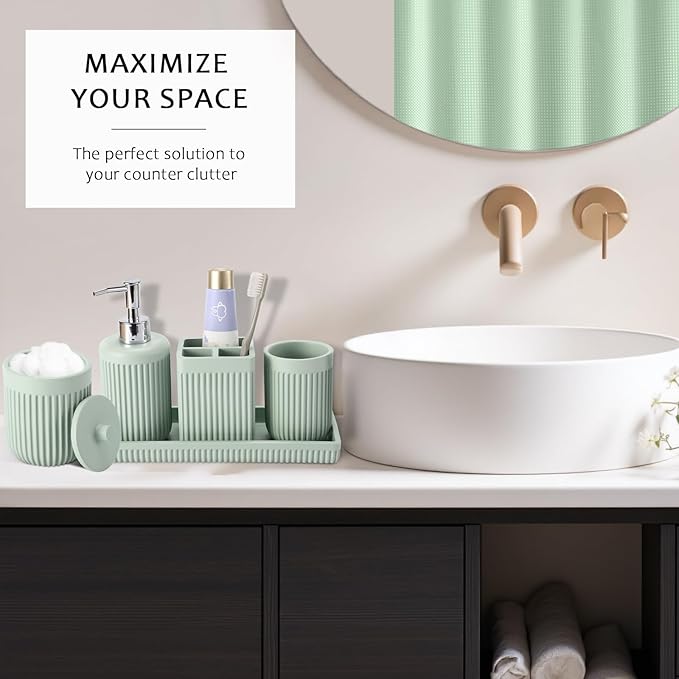 XLHOMO Light Green Bathroom Sets with Shower Curtain and Rugs, 8-Piece Resin Bathroom Accessories Sets Complete, Soap Dispenser, Toothbrush Holder, Tumbler, Tray & Apothecary Jars Bathroom Essentials