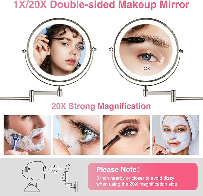 GREENFROM 8.5 Inch Magnifying Mirror with Lights, Wall Mounted Makeup Mirror, Dual-Sided 1X/20X, Bright LED Lighting, Space-Saving Design for Bathroom & Vanity, Brushed Nickel