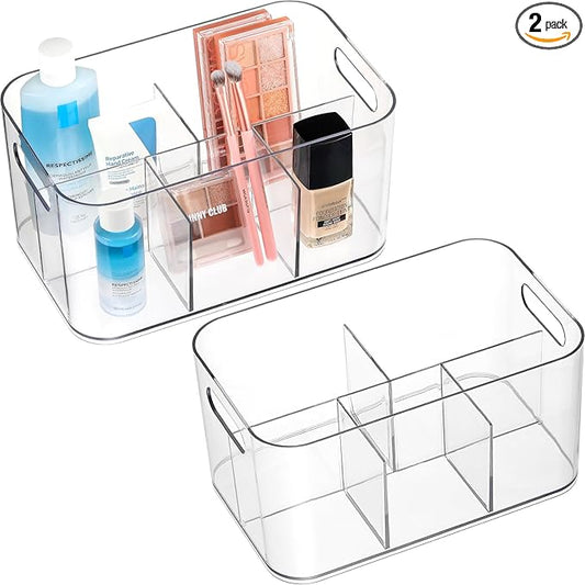 2 Pack, 5-Compartment Clear Plastic Bin - Divided Art Supplies, Cosmetic Makeup Caddy Organizer - Multiuse Storage Container for Vanity, Bathroom, Kitchen, Office, Craft, Shower, Cleaning Items