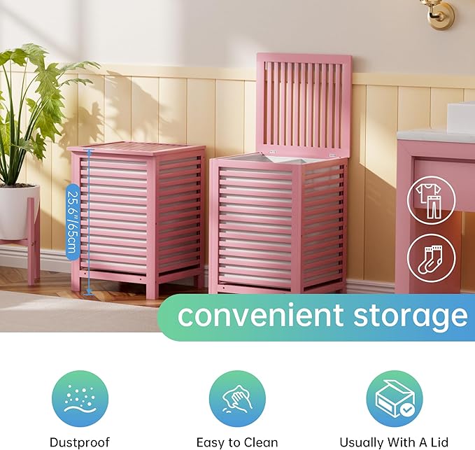 SMIBUY Double Laundry Hamper with Lid, 120L Bamboo Laundry Basket with Removable Liner Bag, 2-Section Clothes Divider Laundry Sorter for Laundry Room, Bathroom, Bedroom (Pink)