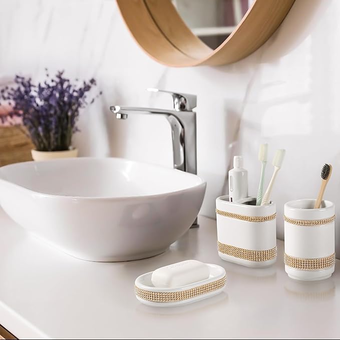 RQYIXI Bathroom Accessories Set with Diamonds 5 Pieces Toothbrush Holder Soap Dispenser Ceramic Bathroom Accessory Set Contain Cotton Swab Jar Toothbrush Cup Soap Dish Tumbler
