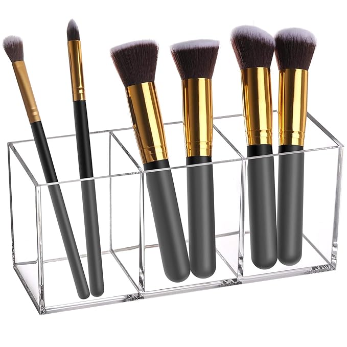 Tbestmax Makeup Brush Holder Organizer Clear Cosmetic Brushes Container Storage 3 Slots - Great for Vanity