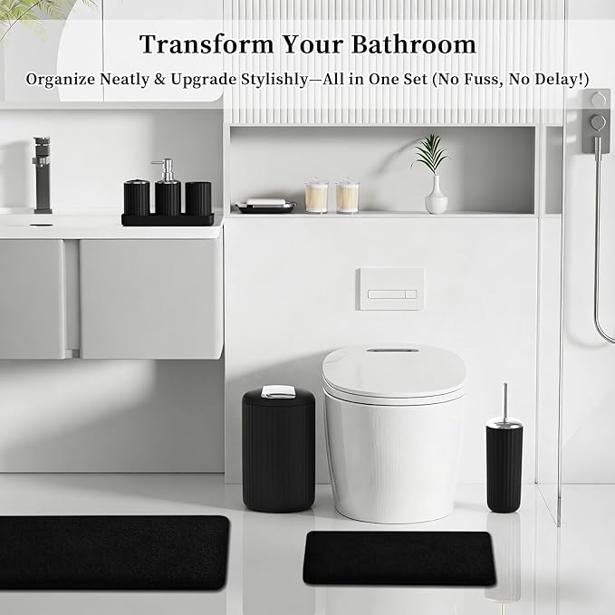 XLHOMO 24 PCS Black Bathroom Accessories Set with Shower Curtain and Rugs, Bathroom Sets with Extra Soft and Absorbent Bath Rugs Shower Curtain Black Bathroom Sets for Bath