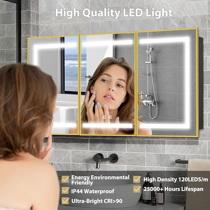 ROOMTEC Lighted Medicine Cabinet with Mirror, Bathroom Mirror Cabinet with Lights and Storage, 3 Doors Bathroom Wall Cabinet with LED Lights,Gold, 60"x32"