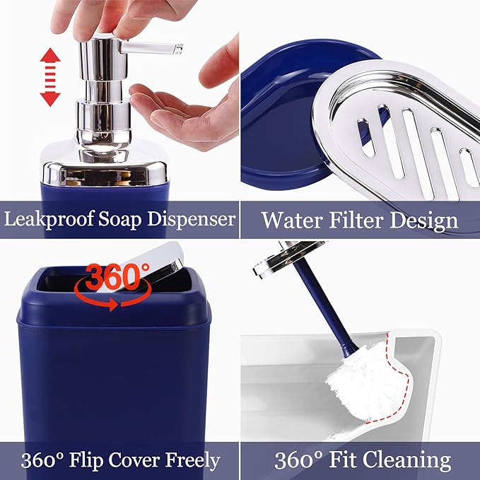 XLHOMO Blue Bathroom Accessories Set, Bathroom Sets with Shower Curtain, Navy Blue Bathroom Accessories with Trash Can, Soap Dispenser, Soap Dish, Toilet Brush Holder, Qtip Holders for Bathroom