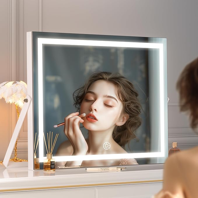 Hasipu Vanity Mirror with Lights, 17.7" x13.8” - 10X Magnification, Smart Touch 3 Color Modes, Brightness Control & 360° Rotation
