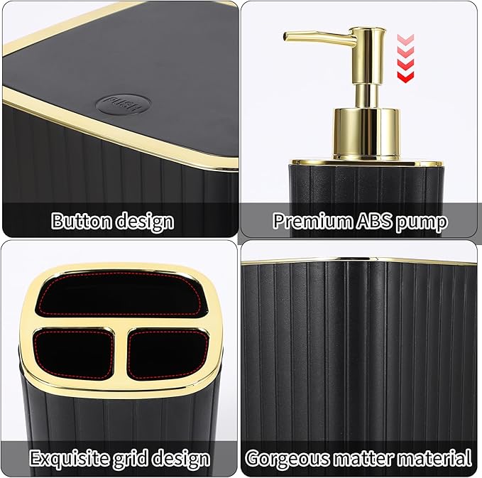 XLHOMO Bathroom Set with Shower Curtain and Rugs- 25PC Bathroom Accessory Set, Black Shower Curtain Set, Toilet Brush, Trash Can, Qtip Holder & Soap Dispenser