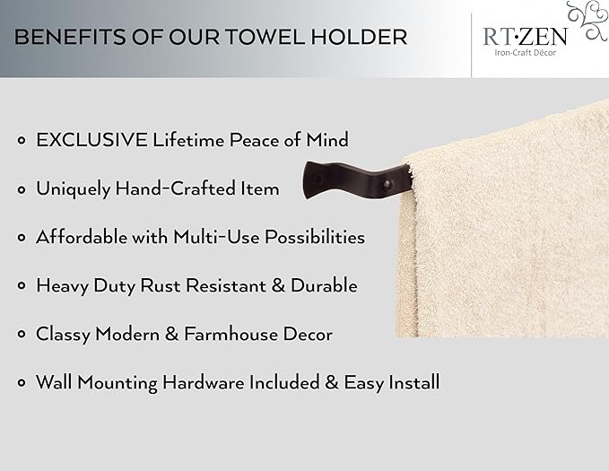 RTZEN Farmehouse Bathroom Towel Holder - Wrought Iron Matte Metal Black Towel Bar Wall Mount Rod - Handmade Home Decor Metal Kitchen Hanger Bar (26'' - Fits 24 Inch Towels)