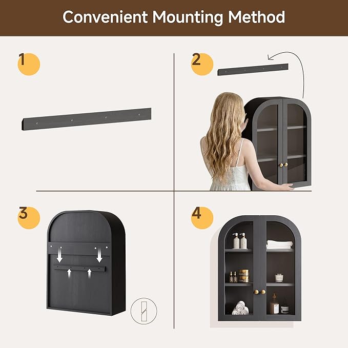 Fatmok Arched Bathroom Wall Cabinet Set of 2, Over-The-Toilet Storage Cabinet with Glass Doors & Adjustable Shelf, Wood Floating Medicine Cabinet for Bathroom, Laundry, Kitchen(Black)