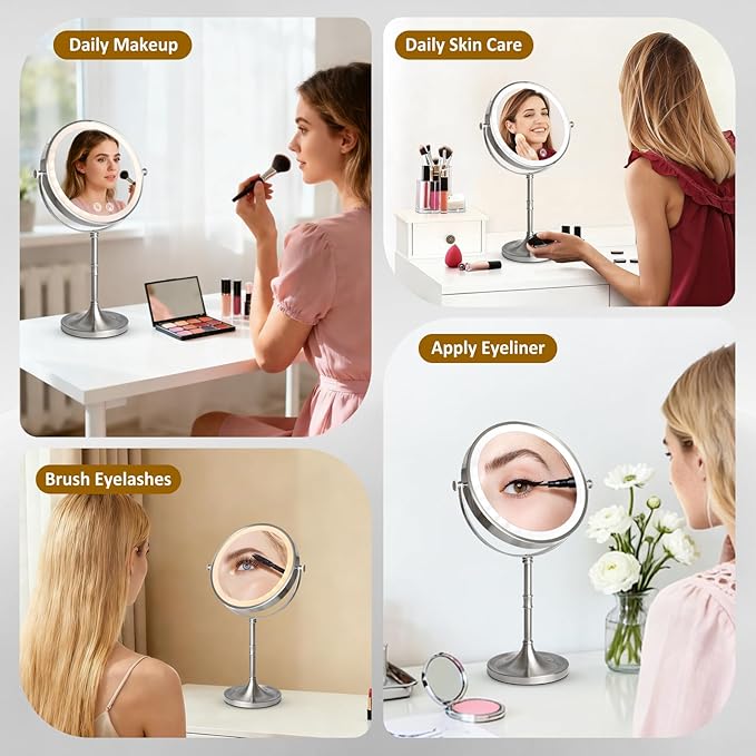 Vanity Mirror with Lights,4000mAh Rechargeable Double Sided Magnifying Mirror with 3 Colors Adjustable,1x/10x Lighted Makeup Mirror,360°Rotation Touch Screen with Memory Function,Nickel