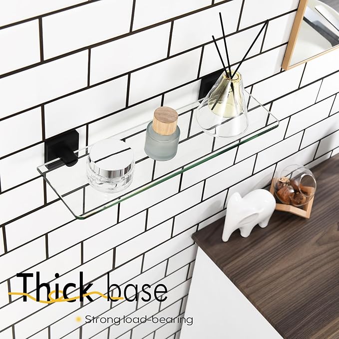 KOKOSIRI Bathroom Glass Shelf 16-Inch Tempered Glass Floating Shelves Shower Storage Kitchen Hanging Rack Wall Mount, Black Stainless Steel B1107BK-L16