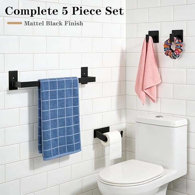 5 Pieces Self Adhesive Bathroom Hardware Set-SUS304 Stainless Steel-Towel Rack Set Include 16″Towel Bar+Toilet Paper Holder+3 Towel/Robe Hooks Bathroom Accessory (Matte Black, 16 in)