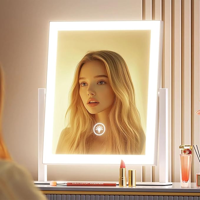 Gvnkvn 15.2" Lighted Makeup Mirror Hollywood Vanity Mirror with Lights, Three Color Modes,Detachable 10X Magnification Mirror, Smart Touch Control, 360°Rotation White